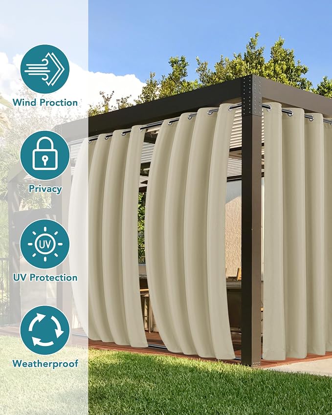 Windproof Outdoor Curtains for Patio Waterproof 4 Pcs 110x95 In Cream | Grommet - Image 3