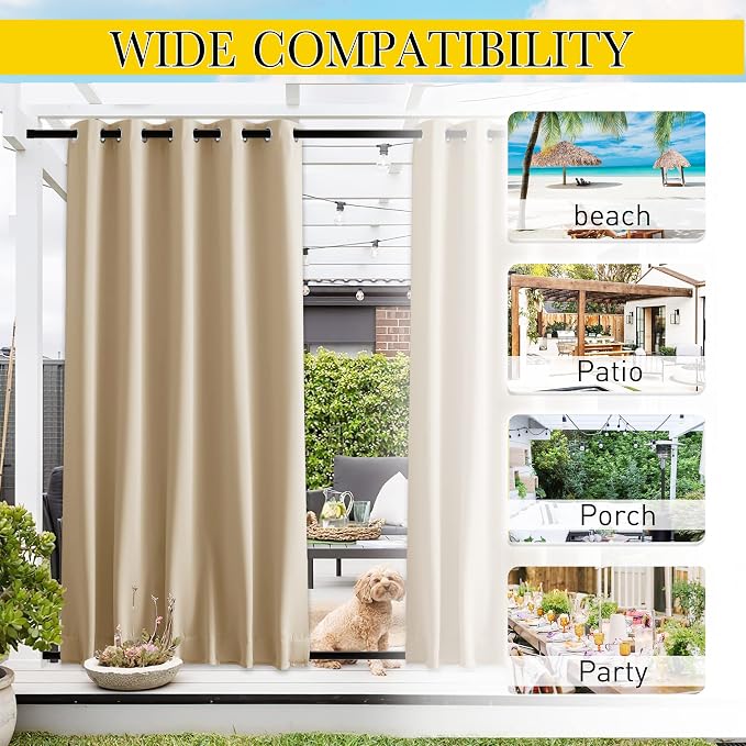 NICETOWN Weighted Curtains for Patio Waterproof W66xL84 Biscotti Beige | Gazebo - Image 7
