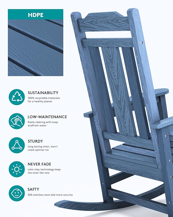 SERWALL Oversized Outdoor Rocking Chairs Set of 4, Patio Rocker Unique Blue | - Image 4