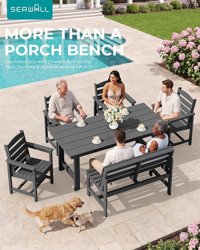 SERWALL Armless Outdoor Bench, All Weather HDPE Porch Bench, 1 Pack, Suitable - Image 4