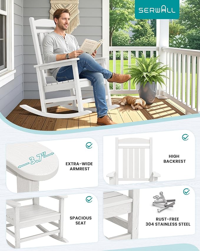 SERWALL HDPE Oversized Rocking Chair Outdoor, Patio Rocking Chairs, Porch Rocker - Image 6