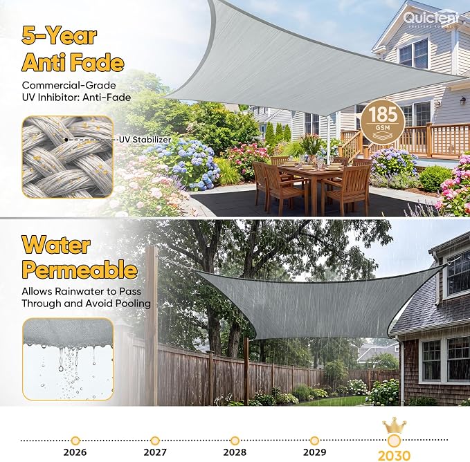 Quictent Sun Shade Sail for Patio w/Hardware Kit 185GSM 24x24ft Gray | Square - Image 5