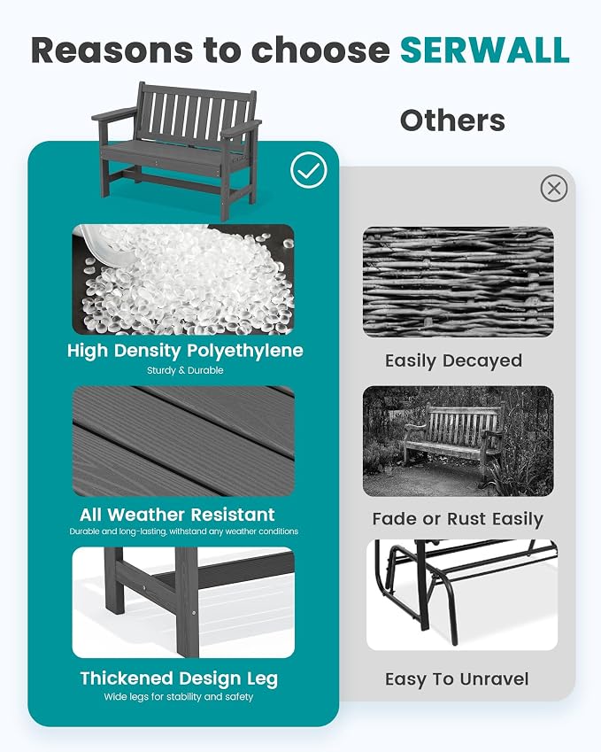 SERWALL HDPE Outdoor Bench, Weatherproof Porch Bench, 2 Pack, Suitable - Image 9
