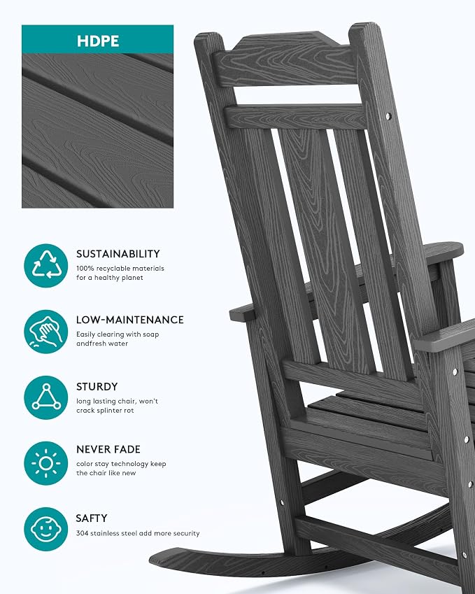 SERWALL HDPE Oversized Outdoor Rocking Chairs Set of 4, Patio Rocker, All - Image 5