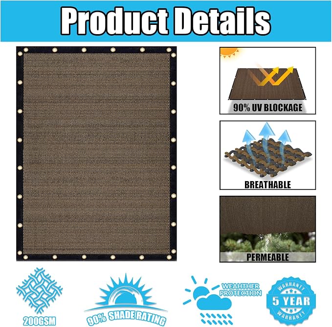 Amagenix 90% Shade Fabric 14'X 18' Mocha Sun Shade Cloth - Image 3