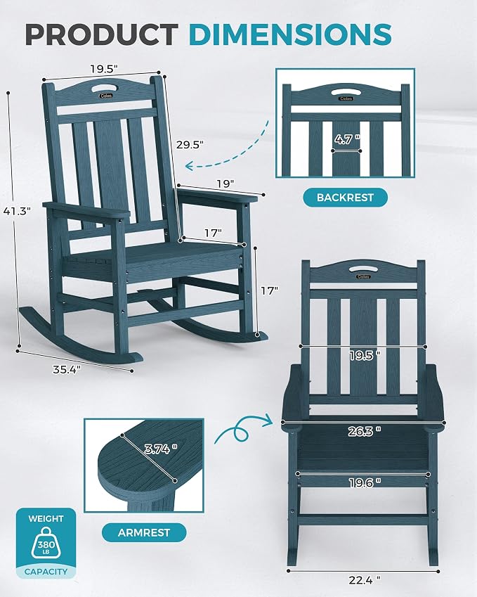 Oversized Outdoor Rocking Chair, 380lbs Heavy-Duty Large Patio Rocker, Weather - Image 3