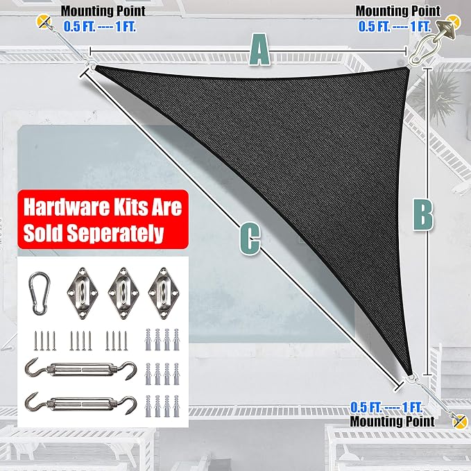 Amgo Custom Size 18' x 21' x 27.7' Black Right Triangle Sun Shade Sail UPF50+ - Image 6