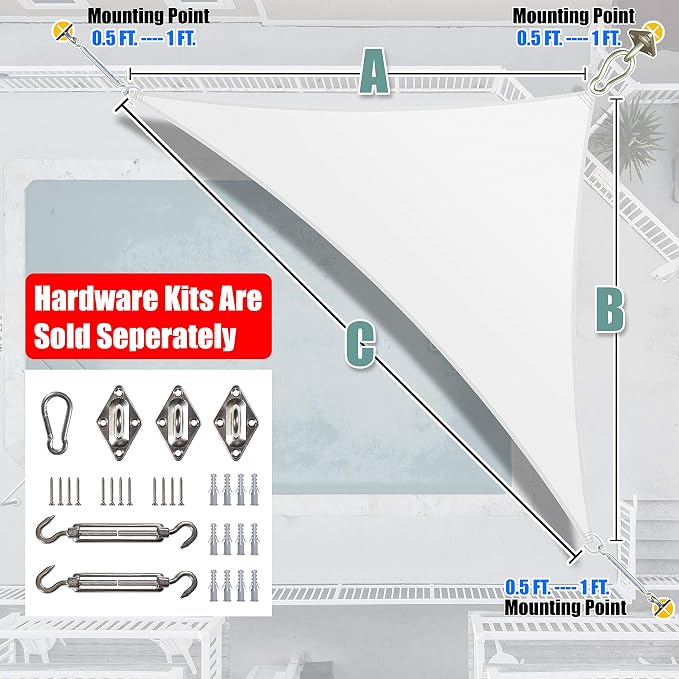 Amgo Custom Size 15' x 16' x 21.9' White Right Triangle Sun Shade Sail UPF50+ - Image 6