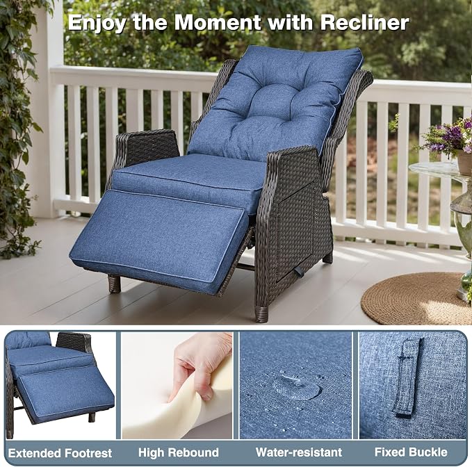 Outdoor Wicker Recliner with Adjustable Back and Footrest, PE Rattan Lounge - Image 4
