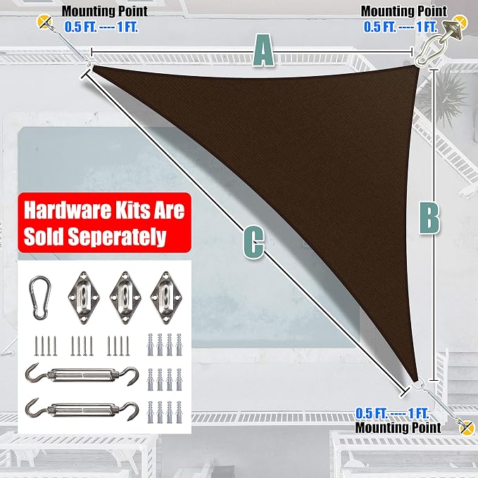 Amgo Custom Size 12' x 18' x 21.6' Brown Right Triangle Sun Shade Sail UPF50+ - Image 6