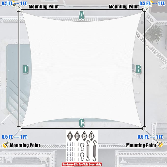 Amgo Custom Size 8' x 23' White Rectangle Square Sun Shade Sail UPF50+ - Image 7