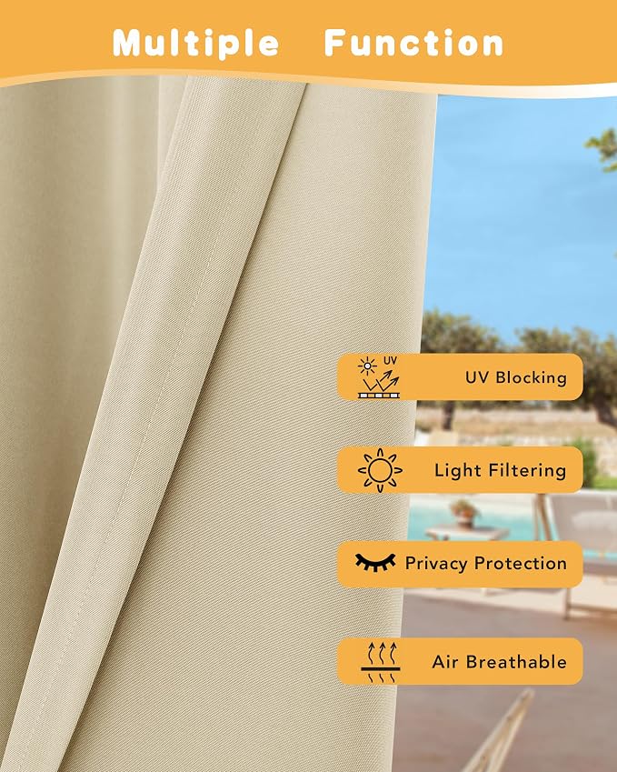HolidayIdeas Outdoor Curtains for Patio Waterproof 2 Pcs 84x84 Inch Cream | - Image 3
