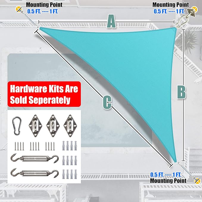 Amgo Custom Size 11' x 14' x 17.8' Turquoise Triangle Sun Shade Sail UPF50+ - Image 6