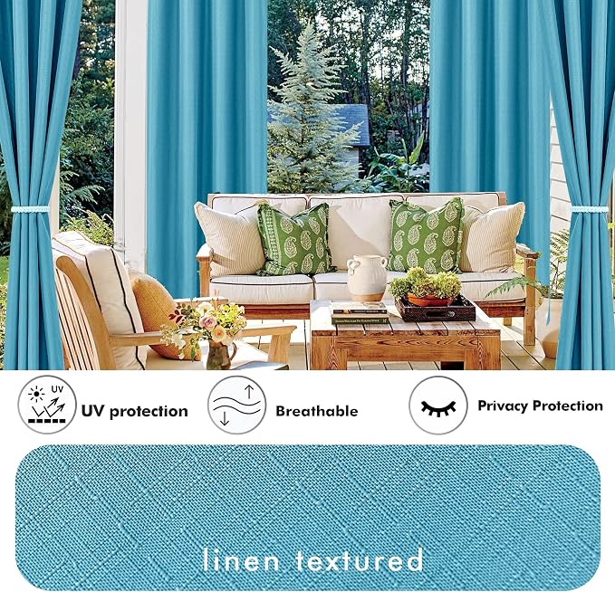 Linen Outdoor Curtains for Patio Waterproof 4 Pcs 54x95 In Teal | Light - Image 3