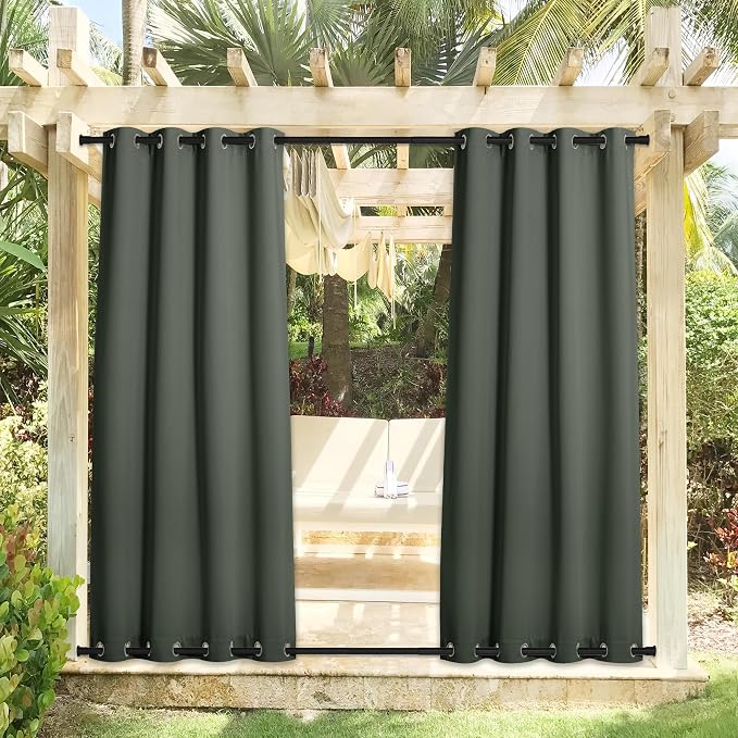 NICETOWN 2 Panels Greyish Green Blackout Bottom Weighted Outdoor Curtains - Image 2