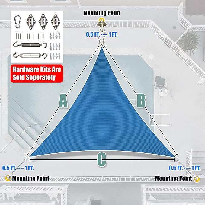 Amgo Custom Size 24' x 24' x 24' Blue Triangle Sun Shade Sail UPF50+ AGTAPT12 - Image 6