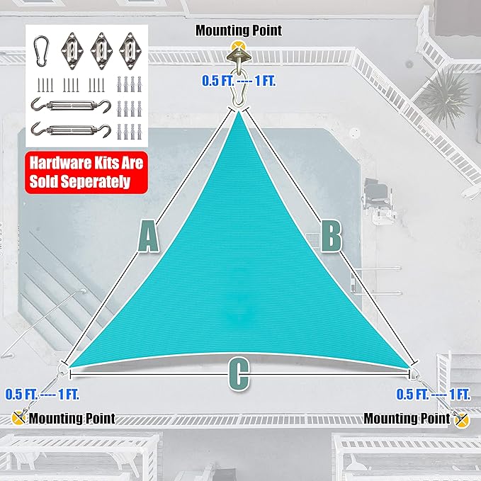 Amgo Custom Size 20' x 20' x 20' Turquoise Triangle Sun Shade Sail UPF50+ - Image 6
