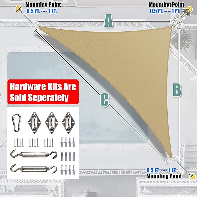 Amgo Custom Size 6' x 8' x 10' Sand Beige Right Triangle Sun Shade Sail UPF50+ - Image 6