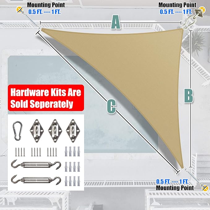 Amgo Custom Size 13' x 18' x 22.2' Sand Beige Right Triangle Sun Shade Sail - Image 6