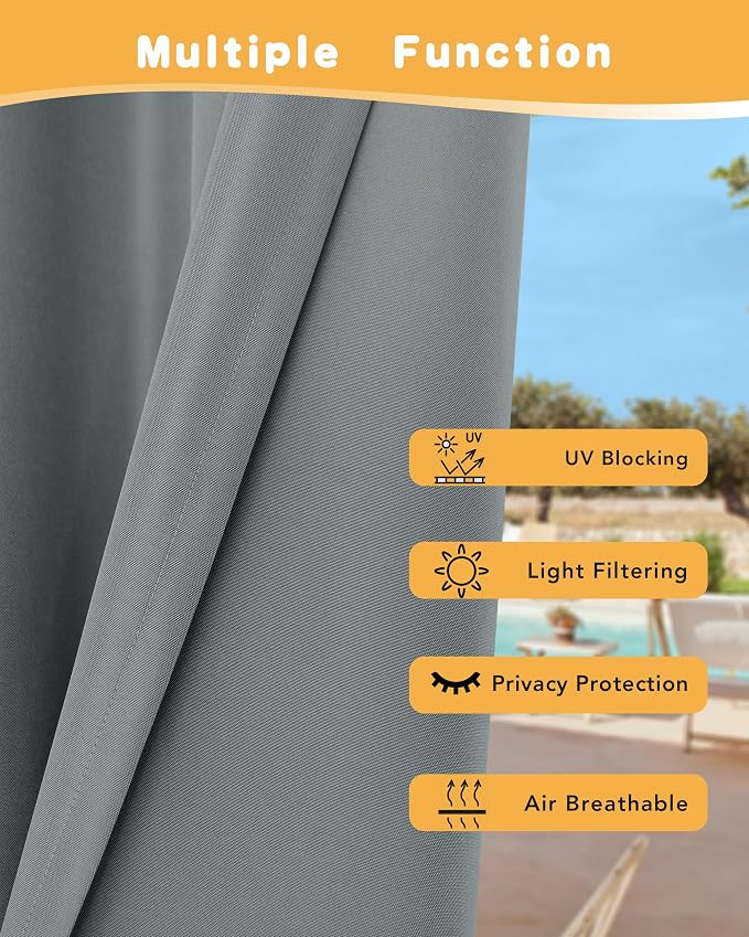 HolidayIdeas Outdoor Curtains for Patio Waterproof 4 Pcs 54x108 Inch Grey | - Image 3