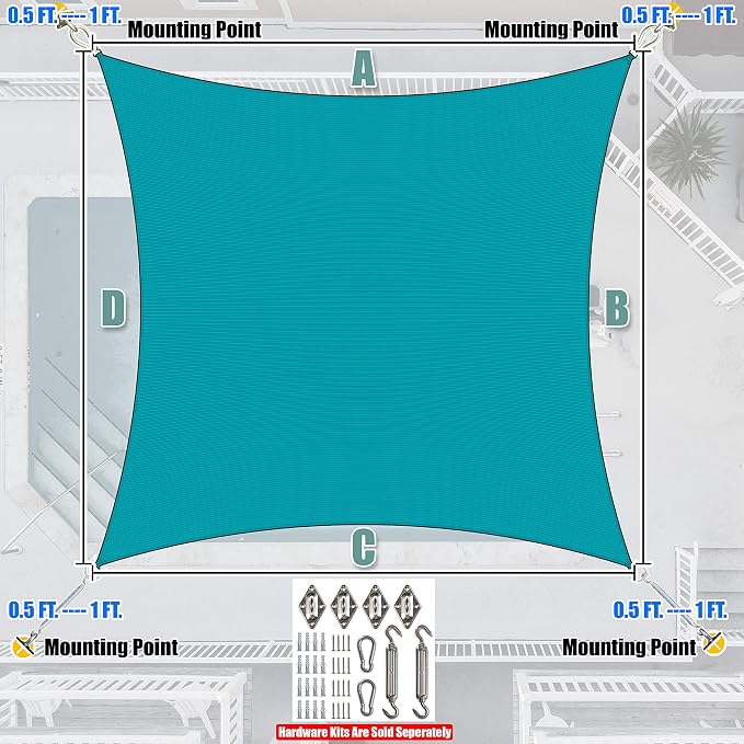 Amgo Custom Size 20' x 22' Turquoise Rectangle Square Sun Shade Sail UPF50+ - Image 8