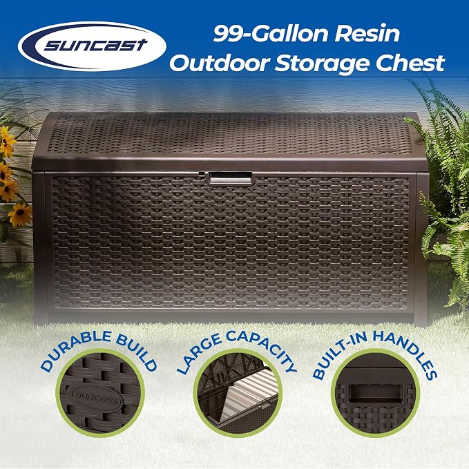 Suncast 99 Gallon Deck Garden Garage Home Wicker Resin Pool Box - Image 2