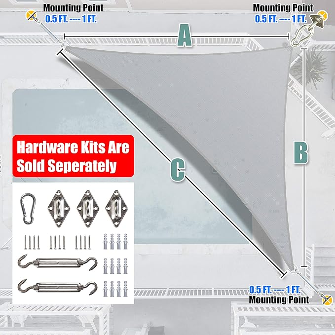 Amgo Custom Size 14' x 15' x 20.5' Gray Right Triangle Sun Shade Sail UPF50+ - Image 6