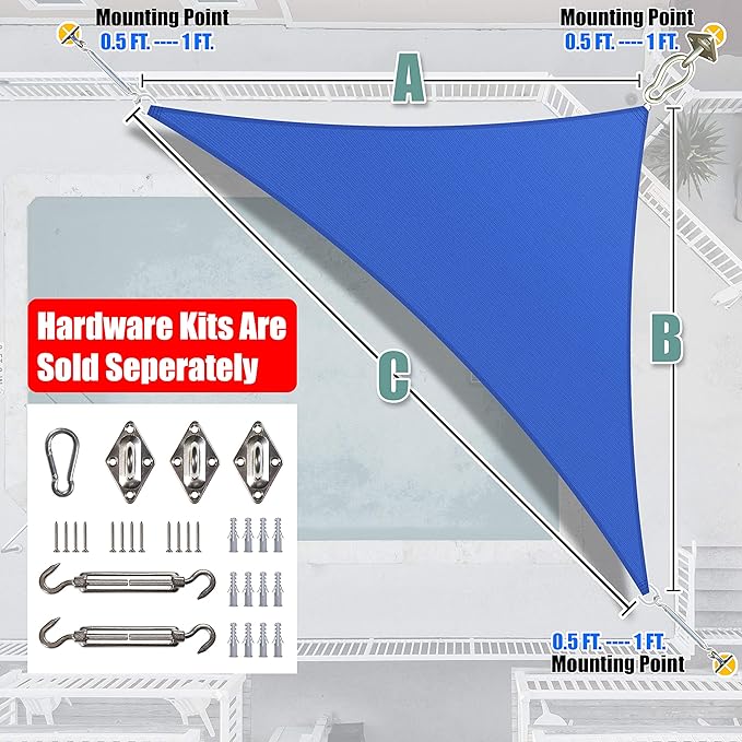 Amgo Custom Size 10' x 13' x 16.4' Blue Right Triangle Sun Shade Sail UPF50+ - Image 6