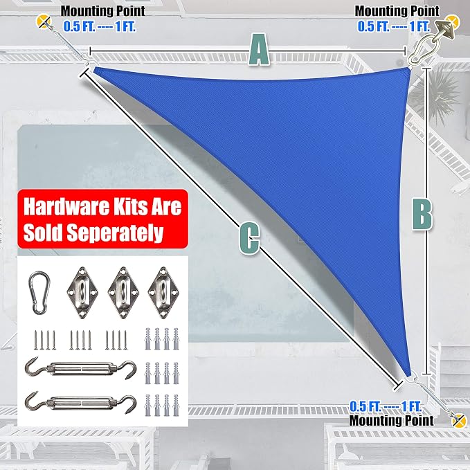 Amgo Custom Size 17' x 22' x 27.8' Blue Right Triangle Sun Shade Sail UPF50+ - Image 6