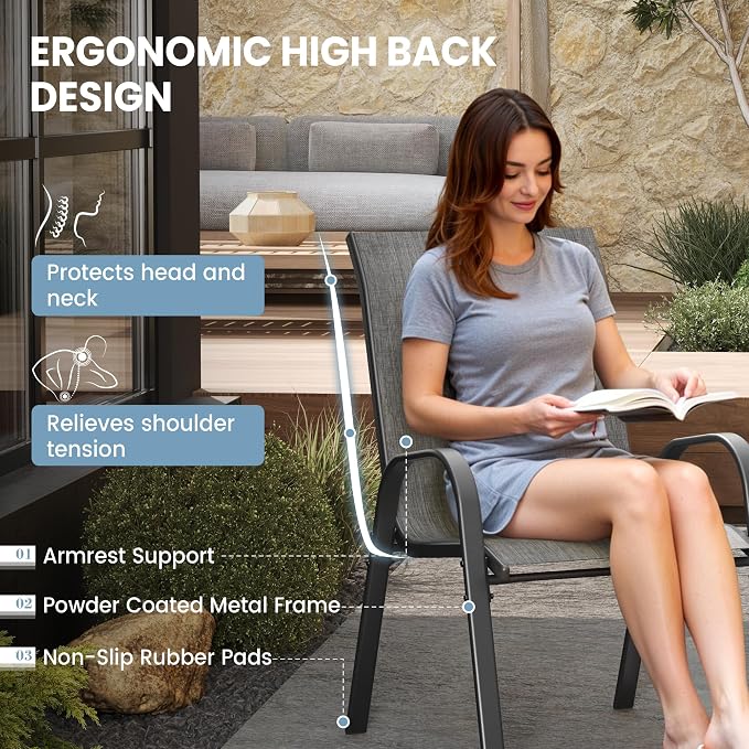 Patio Chairs Set of 6, Stackable Dining Chairs High Back, Breathable Seat - Image 5