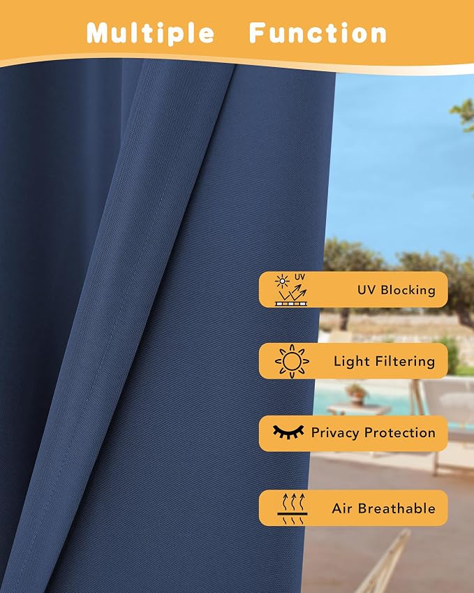 Extra Wide Outdoor Curtains for Patio Waterproof 2 Pcs 110x84 Inch Navy | - Image 3