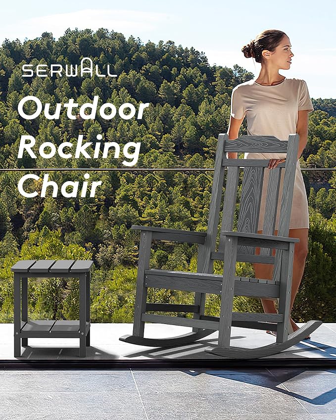SERWALL Outdoor Rocking Chairs Set of 2, Oversized Patio Rocker Unique Gray | - Image 6