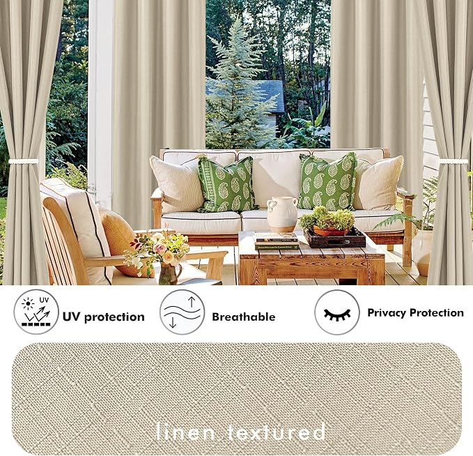 Linen Outdoor Curtains for Patio Waterproof 4 Pcs 54x95 In Cream | Light - Image 3