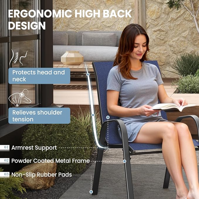 Patio Dining Chairs Set of 6, Outdoor Stacking Chairs, Breathable Seat Fabric - Image 6